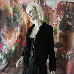 St. John Evening Suit Black Sz 8 Jacket Six Layers Silk Ruffle Skirt Satin &Lace